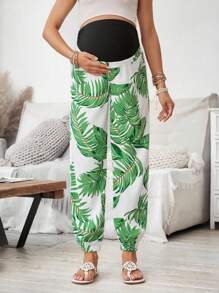 SHEIN Maternity High Waist Tropical Leaf Print Adjustable Waist Wide Leg Pants - Multicolor - View 4