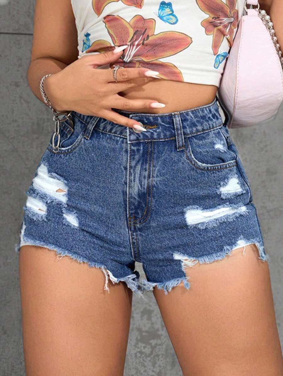 SHEIN PETITE Women's Casual Washed Distressed Frayed Hem Denim Shorts - Blue - View 1