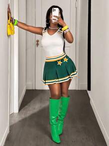 BamGleam Women's Sleeveless V-Neck Striped Star Print Pleated Hem Dress