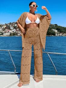 EURMUSE Women Vcay Crochet Knit Three-Quarter Sleeve Kimona And Pant Cover-Up Set Ibiza Outfit