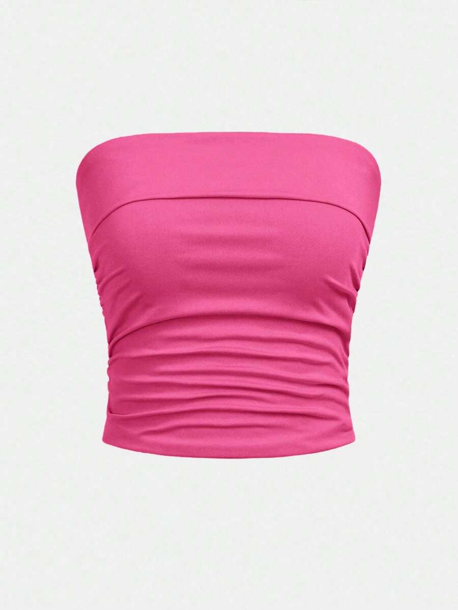 SHEIN Dozemod Teen Girl Simple & Comfy Ruched Hem Bandeau Bra - Hot Pink - View 1