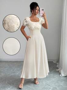 Elenzga Women's Elegant Floral Lace Textured Satin A-Line Maxi Dress, Square Neckline