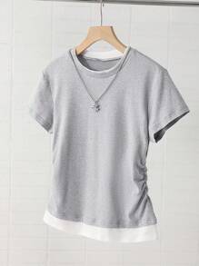 少女圆领短袖褶皱休闲T恤 - 彩色 - 查看 4