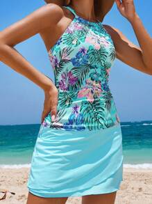 Swim Lushoire 1 pieza Vestido de playa informal de vacaciones con estampado floral azul tipo tankini