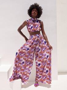 NYA SZN Matching Set (Top/Pant) Top Short Sleeve High Neck Cropped Cut Out Detail Pant High Rise Loose Straight Leg Brunch Special Occasion Event Modest Church Wedding Guest Bridal Party Summer Fall Thanksgiving Christmas NYE New Years Eve Outfits For Women