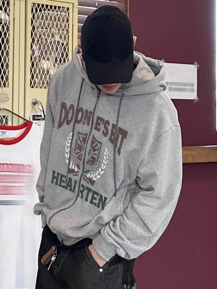 Men's Letter Print Gray Zip-Up Drawstring Hooded Sweatshirt, Suitable For Spring/Autumn