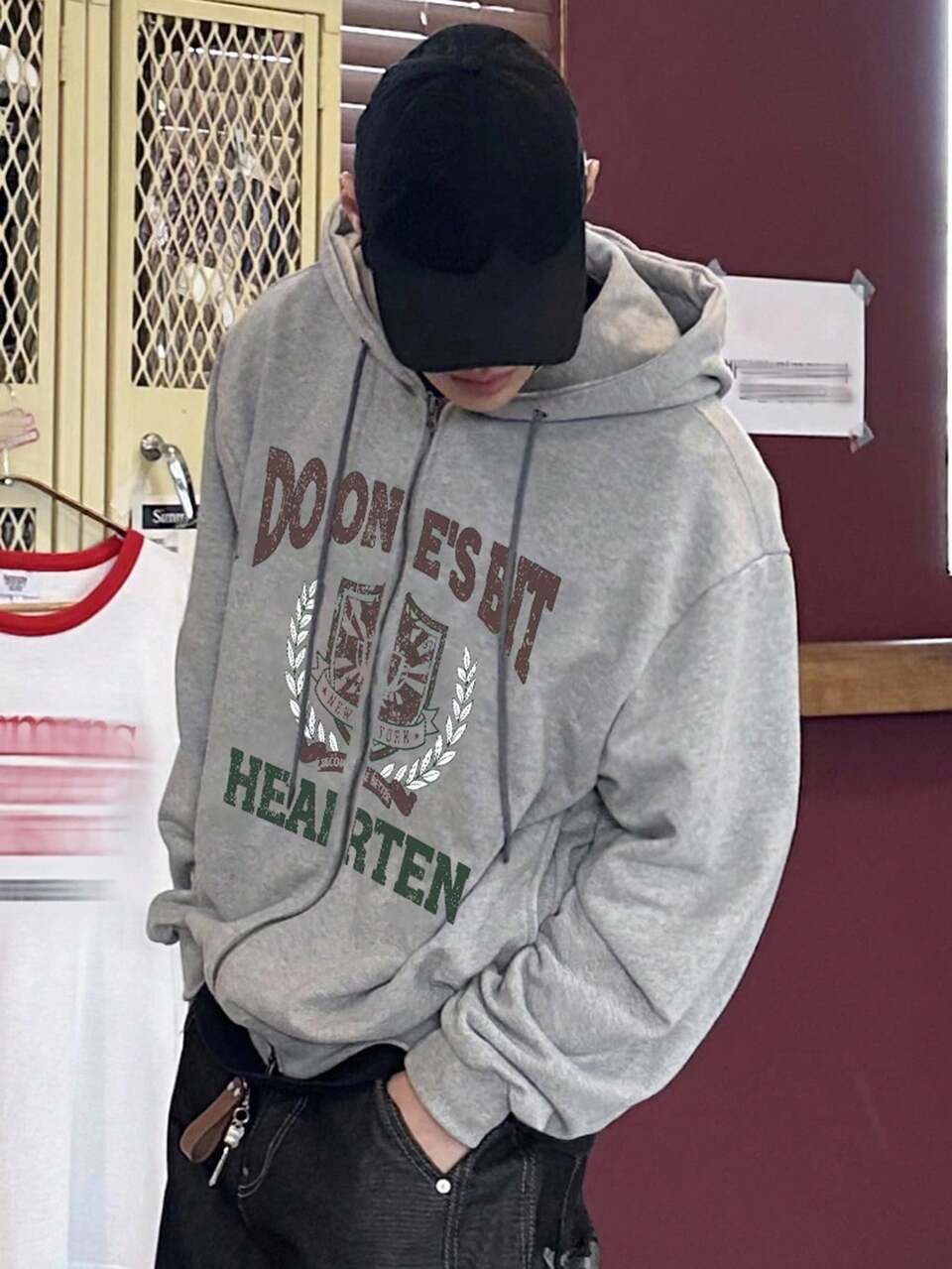 Men's Letter Print Gray Zip-Up Drawstring Hooded Sweatshirt, Suitable For Spring/Autumn Hoodies