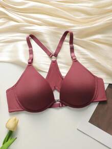 DesireSculpt Women's Solid Color Hollow Out Crisscross Strap With Underwire Bra - Burgundy - View 4