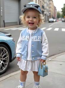 SHEIN جاكيت كارديجان ملون باللكتات الرياضية الكاجوال للأطفال البنات، الربيع/الخريف ، نسيج مضفر ، لليأقة الرياضية والأوقات الحر - الأزرق - مشاهدة 1