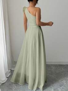 Modelyn 女士法式复古优雅褶饰浪漫单肩连衣裙 - 綠色 - 查看 2