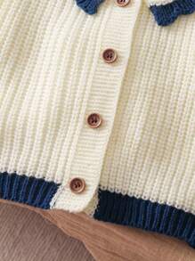 SHEIN Vintaside Kids Baby Girls' Embroidered Contrast Color Cardigan Sweater With Large Lapel, Autumn Vintage Baby Cardigan With Embroidered Flowers Fall Winter - White - View 4