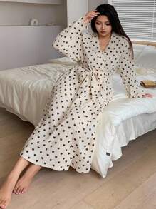 Dazy Plus 大码女式长款花卉印花系腰睡袍，大码家居睡衣，适合秋季穿着，舒适服装