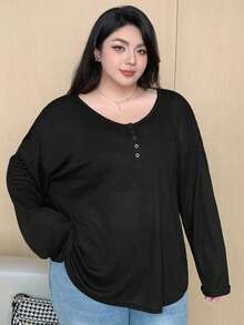 Dazy Plus Plain Color Round Neck Half-Placket Long Sleeve T-Shirt, Spring/Summer