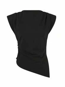 Camiseta de manga corta de verano para mujer con diseño asimétrico y unicolor - Negro - Ver 5