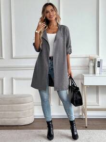 EMERY ROSE 女士纯色简约休闲长袖常规夹克灰色夹克女士长款夹克灰色开衫长款灰色夹克女士秋冬灰色夹克 - 深灰色 - 查看 6