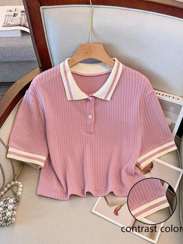 Regalyn Camiseta de punto de verano informal con cuello polo, color de contraste, talla grande, talla grande vendida