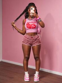 Slaydiva 2025 夏季新款街头休闲修身短款粉色和红色草莓水果图案背心+红白格子褶皱短裤女两件套，适合日常外出、节日派对、音乐节、旅行、毕业装、朋友聚会、生日派对、海滩、机场装、度假、波西米亚风、返校-A - 紅白色 - 查看 9