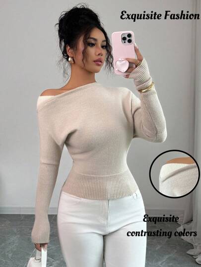 Elenzga Women's Autumn/Spring Shoulder Splice Exposed Shoulder Colorblock Pullover Knitted Sweater, Elegant Retro Style For Casual And Holiday Sweater Top Asymmetrical Neck Sweater Women Fitted Sweater Fall Winter