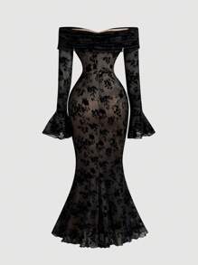 SHEIN MOD 女士露肩长袖前系带修身连衣裙