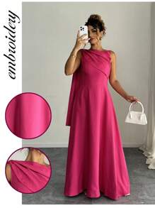 SHEIN PETITE 1 件女士优雅无袖垂肩圆领连衣裙，紫红色 - 玫紅色 - 查看 1