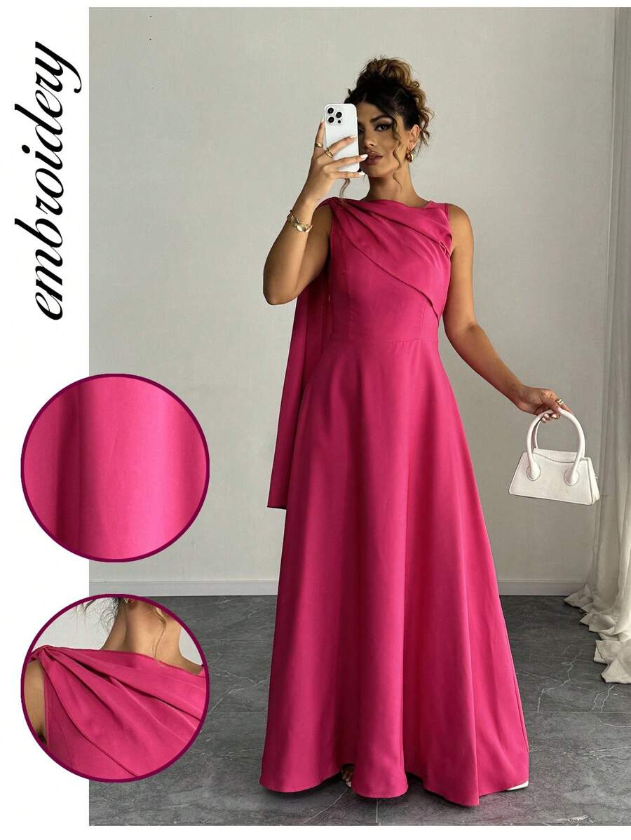 SHEIN PETITE 1 件女士优雅无袖垂肩圆领连衣裙，紫红色 - 玫紅色 - 查看 1