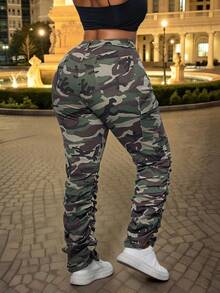 加大码女式迷彩不对称腰部工装裤，街头潮流牛仔夏季迷彩牛仔裤牛仔女加大码迷彩工装裤音乐节 - 軍綠色 - 查看 3