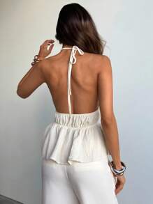 Aloruh Top halter sin espalda con volantes y unicolor simple en estilo de vacaciones sexy para mujer