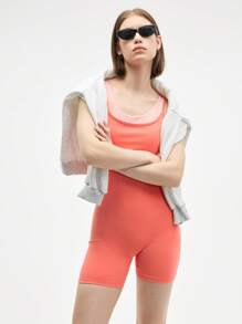 Easify SHEIN Sport Women's Pink And Coral Color Block Sports Jumpsuit, Sleeveless Bodysuit For Yoga And Fitness