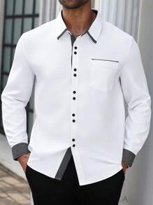 Manfinity Mode Men Plus Size Plaid Contrast Sleeve Trim Single Breasted Casual Shirt, Fall - White - View 3