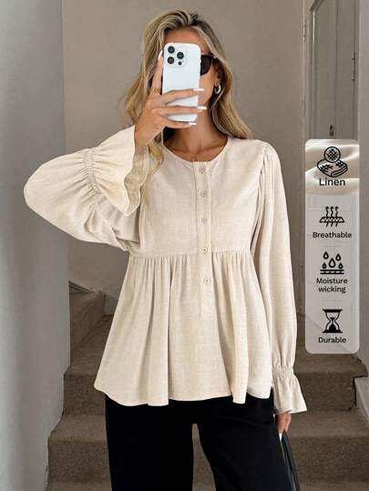 Easowa Women's Linen Casual Loose Blouse With Button Half Placket, Ruffled Hem, Retro Style Winter Old Money Style Office Wear Top For Going Out, Casual Fall Business Casual Old Money Style Women Airport Business Casual Lantern Sleeve Modest Babydoll Blouse