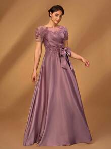 Serin Elegant Luxurious Romantic Mesh Patchwork Satin Pleated Beaded Sequins Applique Short Sleeve Bow A-Line Hem Dress, Suitable For Evening Party, Dating, Vacation, Ball, Music Festival, Wedding, Mother Of The Bride