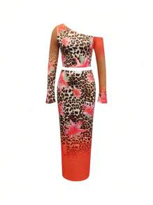 INAWLY Printed Asymmetrical Neck Flared Sleeve T-Shirt + Skirt 2-Piece Set