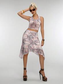 Flirla Vintage Avant-Garde Leopard Print Ruffle Trim Sleeveless Crop Top And Skirt 2 Pieces Set For Women - Apricot - View 3