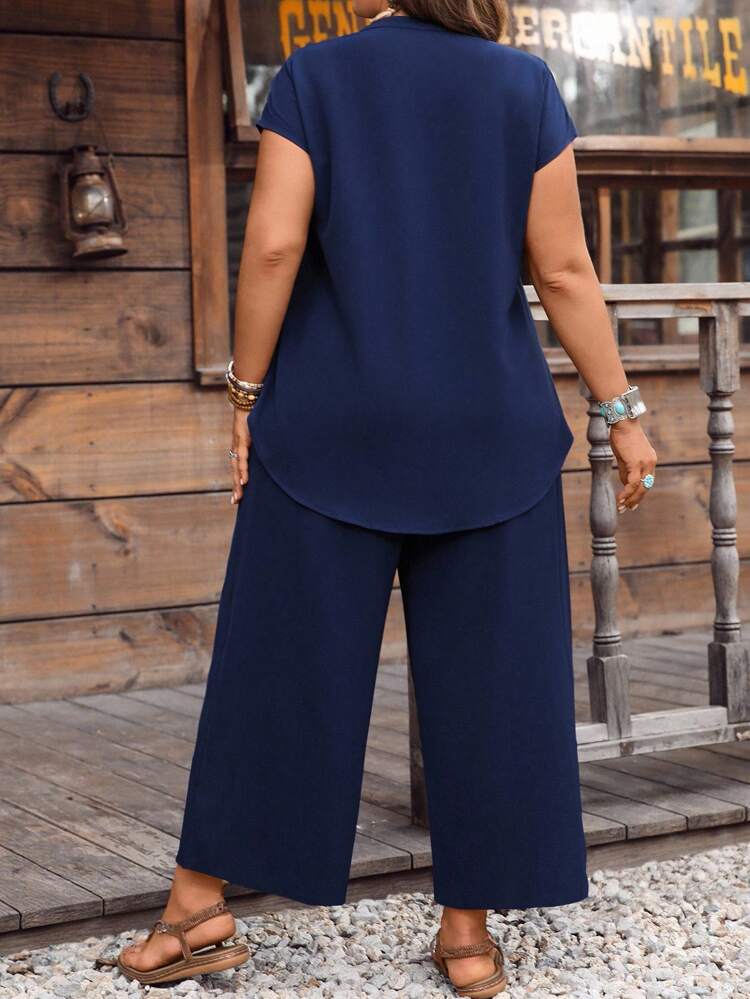 2 Stücke/Set Frauen Große Größen Cashew Muster V-Ausschnitt Hemd und Weite Bein Hose Set Große Größen Sommer Hosen Sets für Frauen Große Größen Marine Blau Hosen Set 2 Teilig Lässig Set Frauen Große Größen Herbst Frauen Kleidung Herbst Kleidung Große Größen, Konzert Outfits für Frauen, Loungewear Sets für Frauen, Western Wear Frauen Große Größen, Boho, Country Outfits Frauen