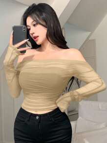 DAZY Women's Elastic Mesh Sheer Off-Shoulder Top, Spring/Summer Long Sleeve Top - Apricot - View 3