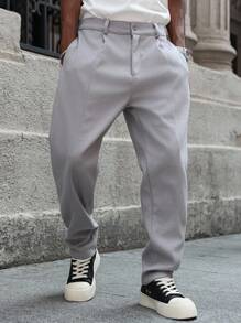 Manfinity Hypemode 男士休闲 INS 风格宽松直筒裤，适合所有季节和日常穿着，是送给男朋友/丈夫的绝佳礼物，休闲，Y2K 风格，浅灰色裤子 - 灰色 - 查看 8