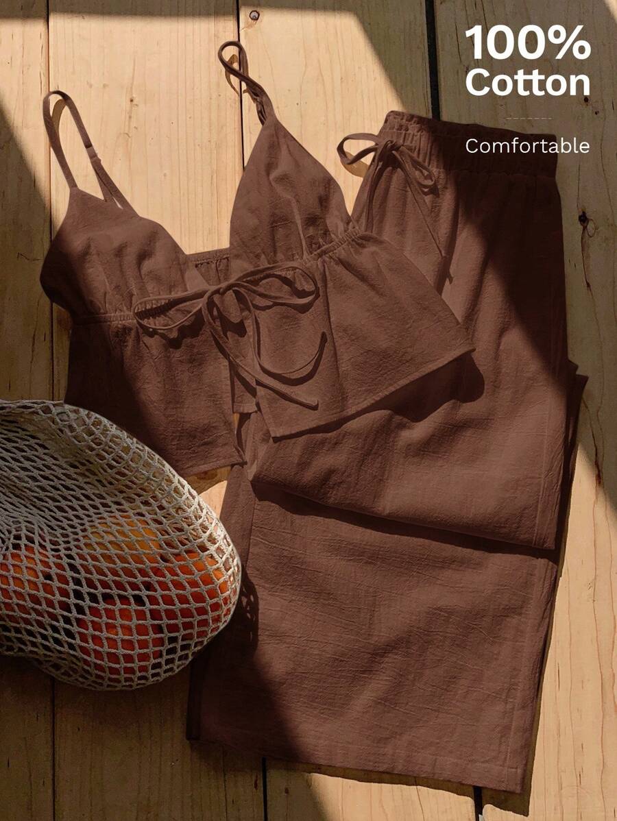 Comfortcana 2件套女士夏季棕色棉麻吊带背心和裤子套装 - 棕色 - 查看 1