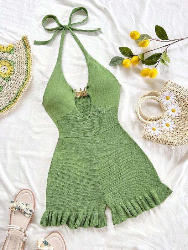 Soleia Beach Outfits For Woman Crochet Back To School Women's Vacation Casual Solid Color Backless Halter Neck Knitted Jumpsuit