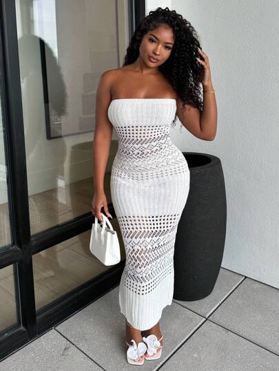 Alexandranx Romantic, Elegant, Sexy, And Simple Long Bandeau Maxi Tube Dress With Hollow Out Design, Perfect For Holiday And Leisure