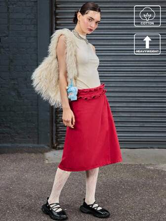 COUREZ Frill Waist Wrap Midi Denim Skirt /Winter Clothes For Women Cute Winter Bottoms Y2K Streetwear Winter Skirt Sexy 100%Cotton