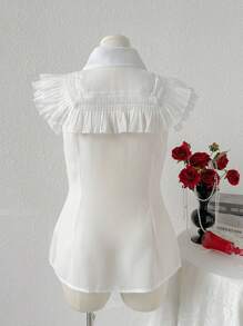 SHEIN Clasi Plus Size Summer Casual Solid Color Ruffle Front Button Up Shirt - White - View 2