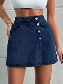 EURMUSE 100%Cotton LIGHT WASH BUTTONS DETAIL SHORT SKIRT - Dark Wash - View 3