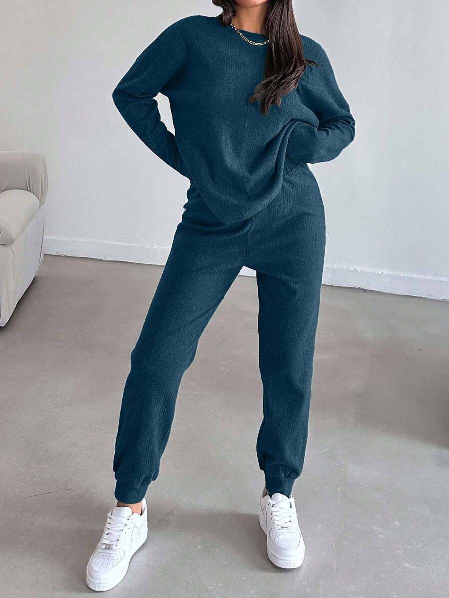 EURMUSE 2 pièces Ensemble top à manches longues lâches et pantalon de couleur unie décontracté pour femmes, printemps/automne - Vert sapin - Voir 1