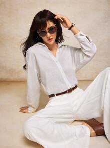 House of One Linen Blend Long Sleeve Loose Shirt Women Summer Casual Old Money Vacation White Shirt Summer Shirts Woman Fall Women Clothes Office Old Money Outfits For Women Fall Outfits Business Professional Women Business Casual Woman