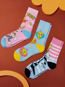 LOONEY TUNES X SHEIN 3 双柔软透气吸湿排汗休闲女士中筒袜，带有 Tweety & Sylvester 和时尚可爱的粉色和蓝色中筒袜，加固脚趾和脚跟，经久耐用，适合所有季节穿着 - 彩色 - 查看 9