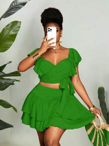 Maweii 2pcs/Set Women Plus Size Solid Color Twist Waist Cap Sleeve Blouse And Mini Skirt, Vacation Set - Green - View 4