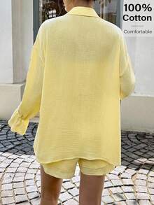 Siren Gaze Thời trang! Trang phục giáo viên dành cho nữ - Trang phục sân bay dành cho nữ 2025 Hàng mới về Áo sơ mi dài tay trễ vai màu trơn kèm quần short thường ngày 2 món dành cho nữ - Áo sơ mi vàng dành cho nữ, lý tưởng cho công việc, hàng ngày, đi làm, đi chơi - Phong cách quý tộc, phải có cho mùa thu và mùa hè - Màu vàng - Xem 4