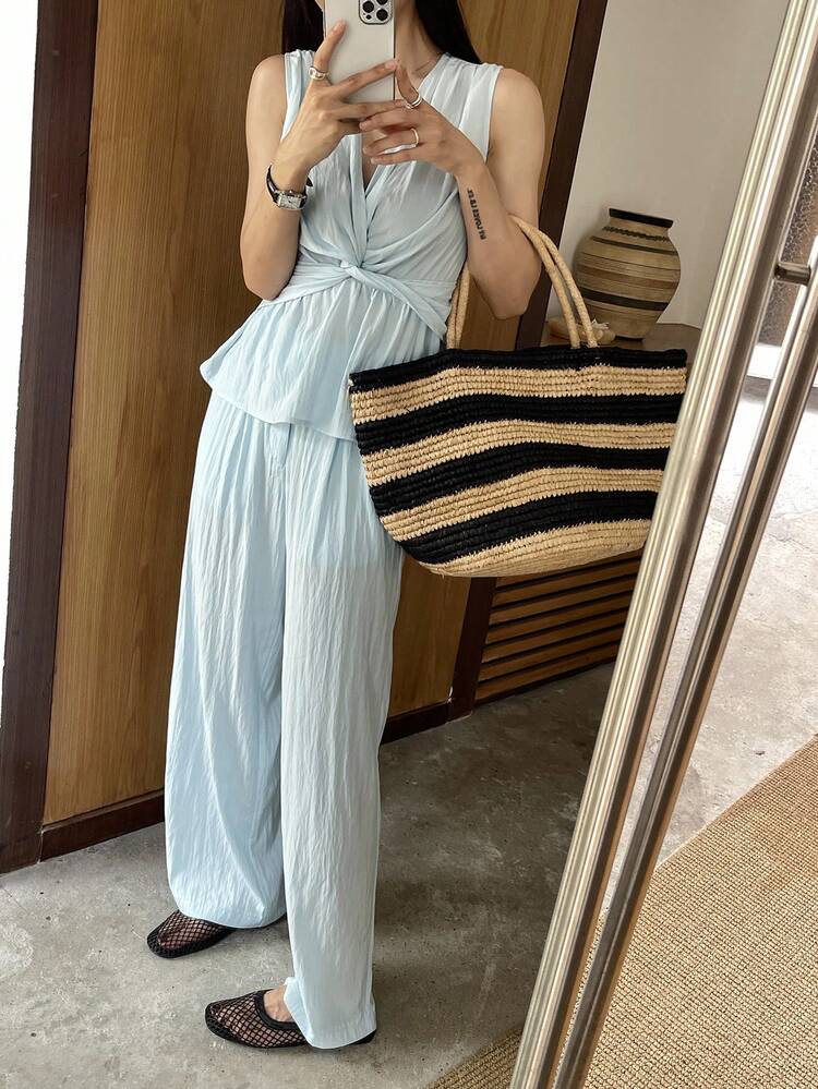 2pcs Women's Set - Solid V-Neck Twist Front Sleeveless Top And Wide Leg Pants