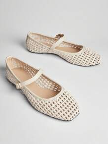 SHUZIA Giày bệt Mary Jane ballet mũi vuông dệt PU thoải mái cho nữ - Màu be - Xem 7