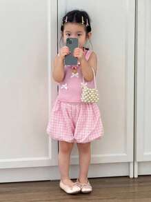 SHEIN 2pcs/Set Baby Girl Summer&Autumn Casual Style Bowknot Decoration Sleeveless Top&Shorts Baby Girl Summer Outfit Baby Girl Gingham Shorts - Pink - View 4